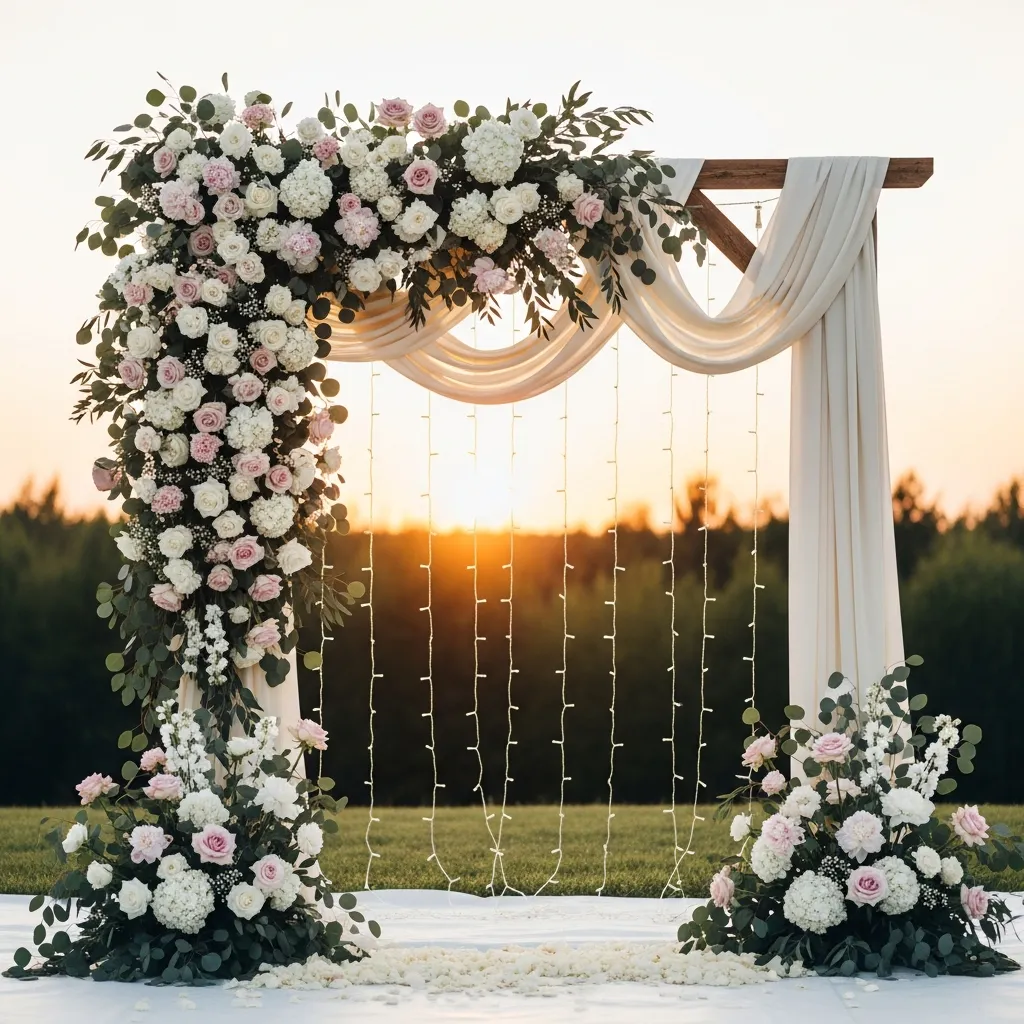 Elegant wedding photo backdrop with floral arrangements
